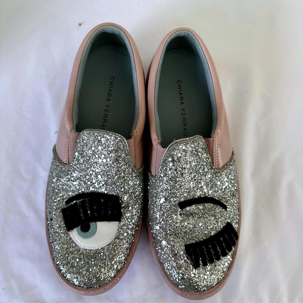 Chiara Ferragni Pink Eye Wink Glitter Slip-On Sneakers - 37